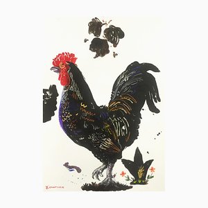 Apostolos Chantzaras, Rooster Posing, Unframed Painting on Paper, 2017