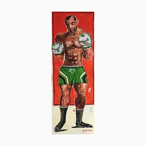 Dorieus, Lifesize Boxer Gemälde, Öl und Acryl auf Papier, Maßgefertigtes Holz, 2016