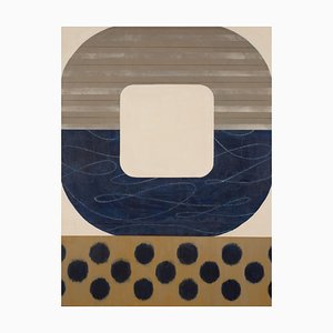 Mitternachts Ikat, Auffällige Geometrische Abstrakte Malerei, Moderne Blau & Beige Palette, 2017