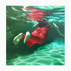 Prisma, óleo sobre lienzo, nadadora submarina con vestido rojo, 2019