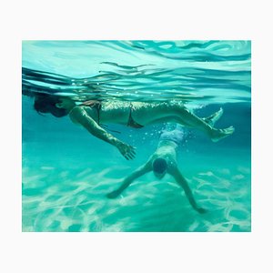 Tarde de Cala Molto, óleo sobre lienzo de nadadores submarinos, tonos fríos, 2019