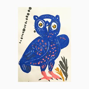 Peinture Ambrosia Owl # 9, The Wise Guys, Pop Contemporary Blue Bird Painting, 2020