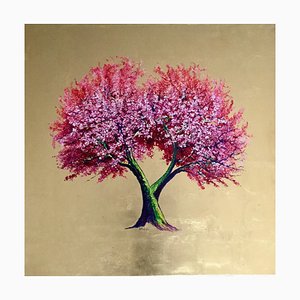 Ruby, Oil on Canvas with Gold Leaf, Contemporary Pink Flowering Tree, 2020