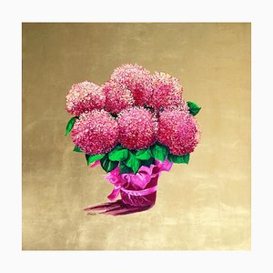 The Gift, Pink and Gold Leaf Painting with Blossoming Bright Flowers, 2020