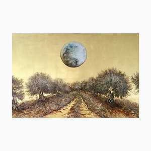 Moonlight Walking, paesaggio dorato e dipinto ad olio con alberi e luna piena, 2020