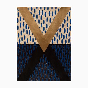Pintura abstracta geométrica rebote en azul y dorado sobre papel, sin marco, 2020