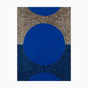 Pebble Blue, Circular Geometric Abstract Painting on Paper, Gold & Black Accents, 2020