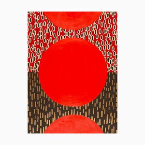 Watermelon Sundown, Red and Gold, Circular Geometric Abstract Painting on Paper, 2020