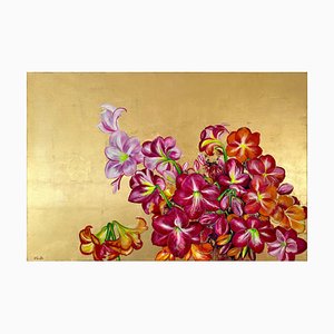 Lilies in the Valley, Large Gold Painting with Colorful Nature, Flower Palette, 2020