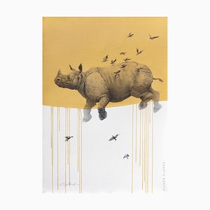 Jouney Nr. 6 Gelber Nashorn, Aquarell & Kohle fliegendes Nashorn und Vögel, 2016
