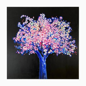 Árbol en forma de luna azul, brillante y colorido con flores y árboles en flor, 2020