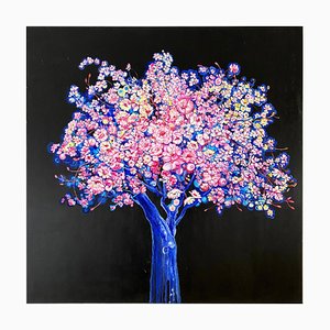 Blue Moon Tree, Bright and Colorful Painting with Blossoming Flowers and Tree, 2020