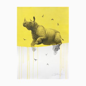 Jouney Nr. 5 Nashorn in Gelb, Aquarell & Kohle fliegendes Nashorn & Vögel, 2016