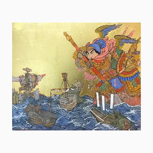 Giant at Sea, Asian Inspired Painting with Samurai, Ink, Tempera all'uovo e foglia d'oro, 2019