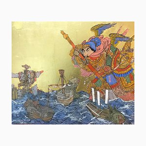 Pintura inspirada en el mar de Giant at Sea, samurai, tinte, huevo y pan de oro, 2019