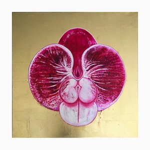Elisir D'amore, flor rosa fucsia colorida, óleo sobre lienzo con fondo dorado, 2019