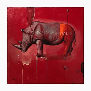 Red Rhino, Contemporary Öl auf Leinwand, Animal Painting Colorful and Playful, 2007