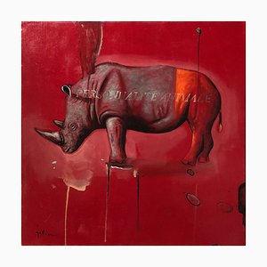 Rhino Rouge, Huile Contemporaine sur Toile, Peinture Animalière Colorée et Joueuse, 2007