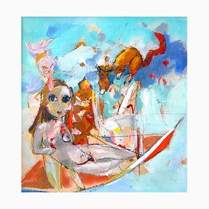 Girl on Boat, Whimsical, Colorful Original Painting, Expressive & Figurative, 2003