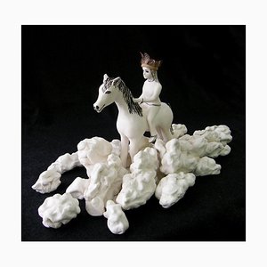 Girl in the Clouds, Porcelain Ceramic Sculpture of Woman Riding a Horse, 2019