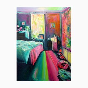 Resolución, óleo sobre lienzo, interior de un dormitorio con textura, 2019