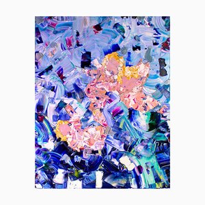 Pintura al óleo sobre lienzo en azul, texturizado y colorido con tres putti, figuras abstractas de ángeles, 2019