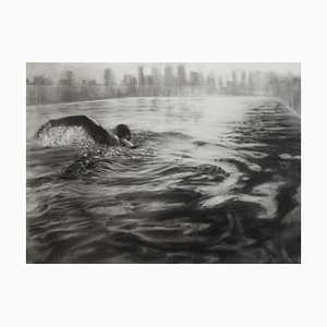 Piscina en la azotea, carbón realista dinámico sobre papel de nadador, agua y ciudad, 2020
