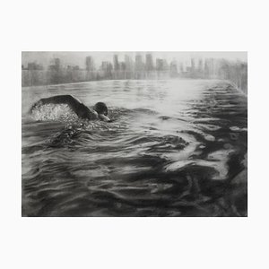 Rooftop Pool, Dynamic Realistic Charcoal on Paper of Swimmer, Water and City, 2020