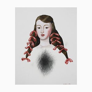 Anne Siems, Face 3, Gemälde mit Portrait einer Frau, auf weißer Platte aus Ton, 2016