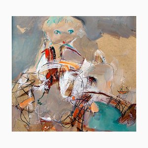 Pintura al óleo Original Boy Playing, Whimsical, Colorful, expresiva y figurativa, 2003