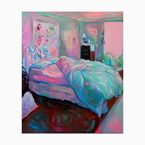 Resting Place, Large Textured Oil Painting, Pastel Palette of Bedroom Interior, 2019