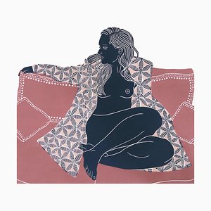 Conviértete, obra pictórica figurativa femenina sensual, Linograbado original, Sin marco, 2018