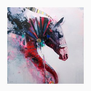 Quintaesencia, caballo abstracto contemporáneo con colores vivos, textura estratificada, 2019