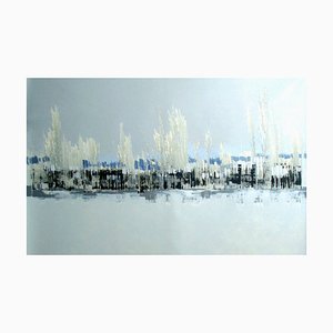 Paisaje en gris y blanco, paisaje abstracto contemporáneo, pintura al óleo, 2016