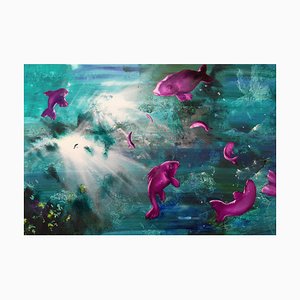 Leibniz Universe 10u, Scène Underwater Contemporaine et Colorée, Huile sur Toile, 2016