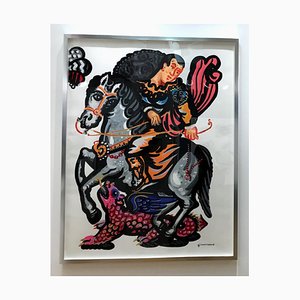 Rider and the Pink Dragon, Style Pop Art Contemporain, Peinture Bold Classique, 2018