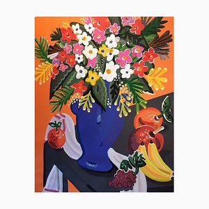 Bouquet, Pop Art Style and Classical, Framed Colorful Still-Life Flower Painting, 2018
