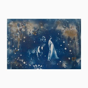 Parade, Hand-Finished Cyanotype on Paper, Pressed Flowers and Gold Leaf, 2015