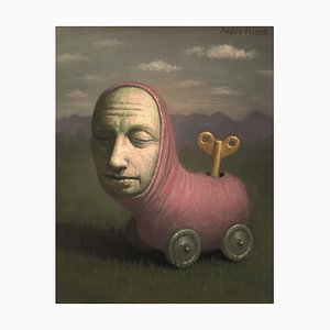 Remnant of Childhood, Avery Palmer, Oil Painting, Pop Surreal Figure as Pink Toy, 2020