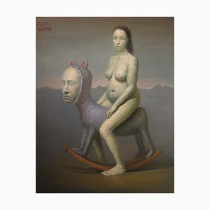 Avery Palmer, Rocking Horse Woman, Oil Painting with Pop Surrealist Figure, 2020