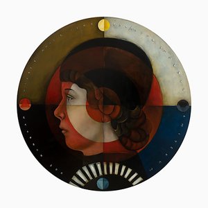 The Stoic's Shield, Huile sur Toile, Portraitiste Art Pop lunatique, Rond, 2020