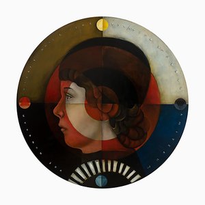 The Stoic’s Shield, Oil on Canvas, Whimsical Pop Art Portrait Master, Round, 2020