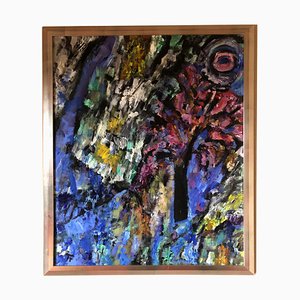 Árbol morado, abstracto impresionista, figurativo óleo sobre lino, Rich Bold Colors, 2012