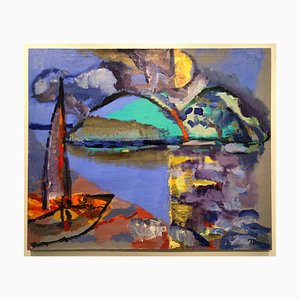Sailing Boat, Abstract and Colorful, Oil Painting on Canvas, Sailboat, Blue Sky, 2012