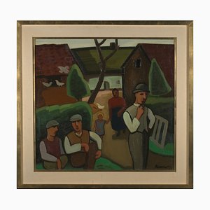 Louis François Decoeur (Namur, 1884-1960), Famille d'Eleveurs un Dimanche Matin, Début 20ème Siècle, Tableau Encadrés sur Toile, Brabant Fauvisme