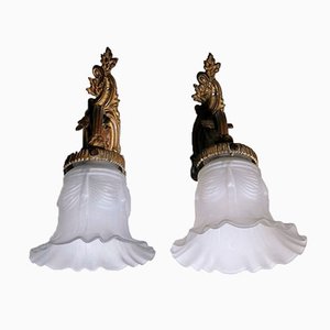 French Art Nouveau Wall Sconces in Gilt Bronze and Opaline Glass, Set of 2