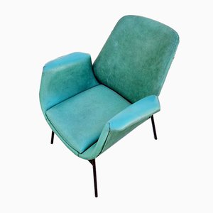 Mid-Century Modern Armchair in Green Faux Leather in the Style of Alvin Lustig, Italy, 1960s