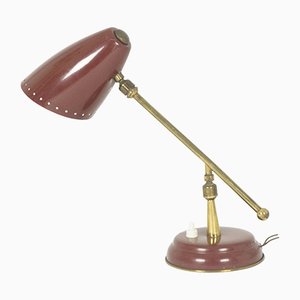 Small Mid-Century Adjustable Burgundy Metal & Brass Table Lamp