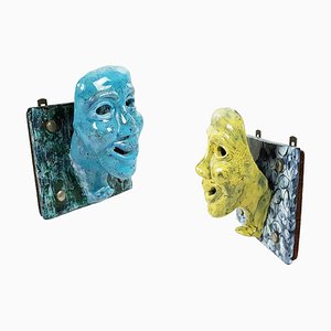 Mid-Century Blue and Yellow Ceramic Mask Wall Racks, Set of 2