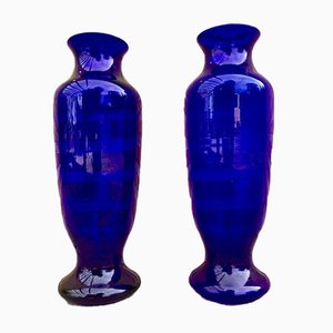 Vintage Italian Cobalt Blue Murano Glass Vases, Set of 2